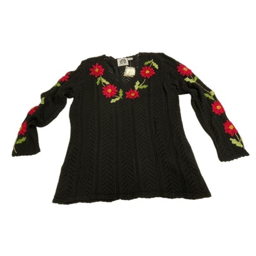 Vintage Storybook Knits embroidered poinsettia cardigan sweater size Large